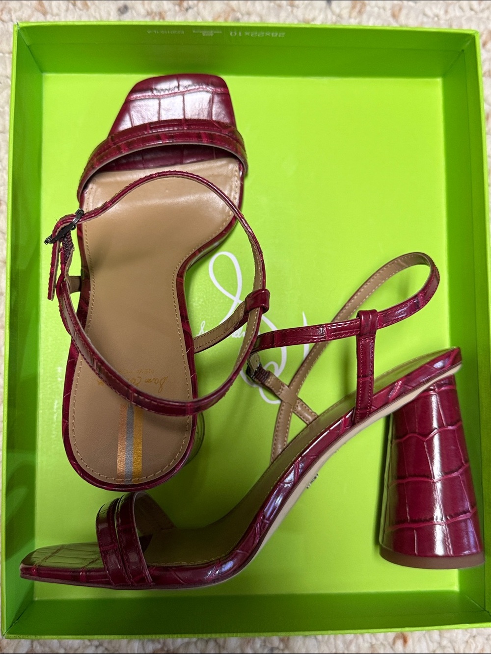 Sam Edelman Burgundy Croc-Embossed Block Heel Sandals